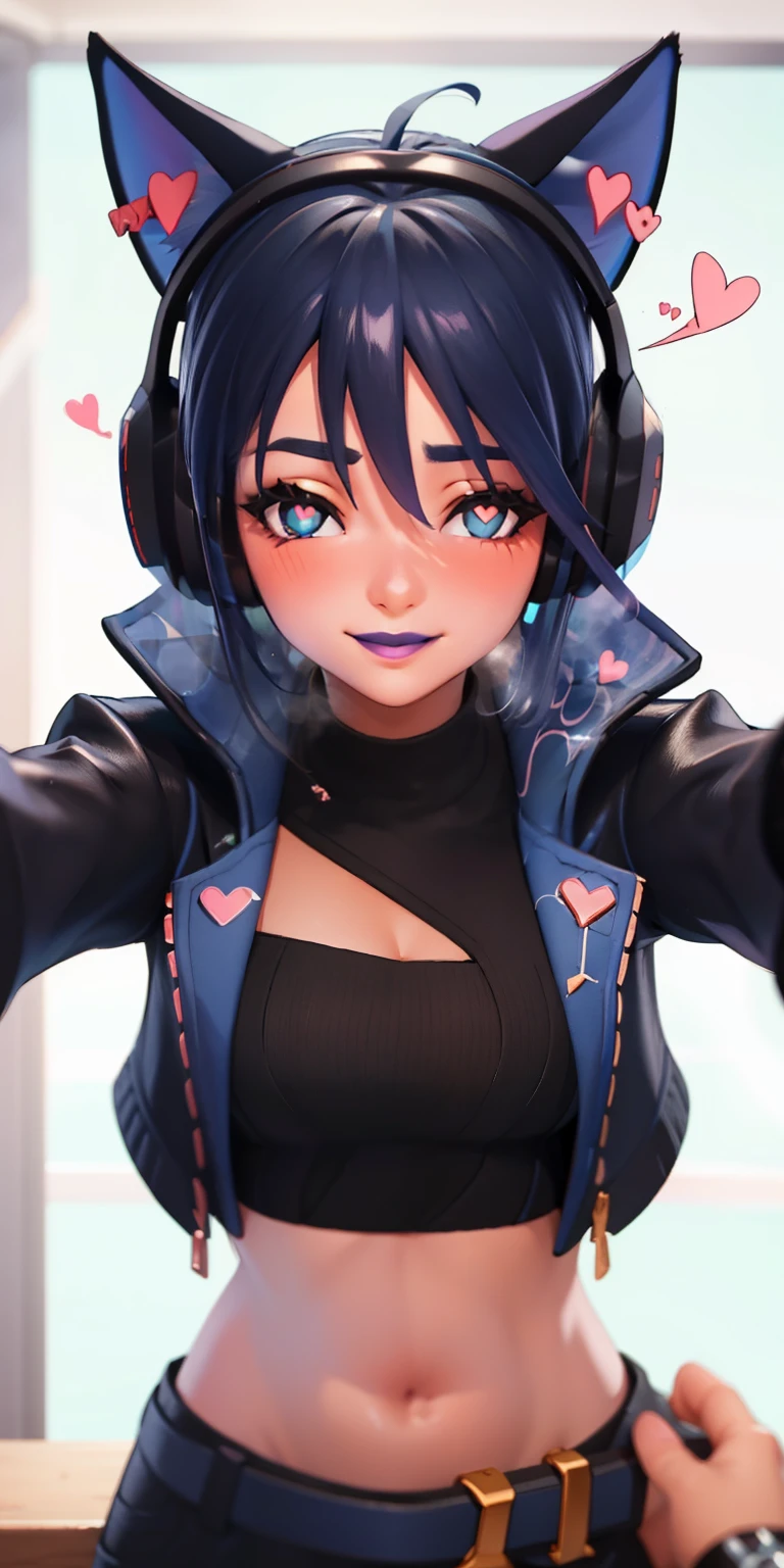 Heart-shaped_pupils, 1girl,blue hair,blue eyes, eyeshadow, (blush:1.1),upper body,trembling, heart,(speed lines:1.1),medium breasts, ((heavy breathing:1.3)), love, heart, black jacket, jacket crop top, cat ears headphones, black crop top, purple lips, smile, looking at viewer, facing viewer, outstretched arms