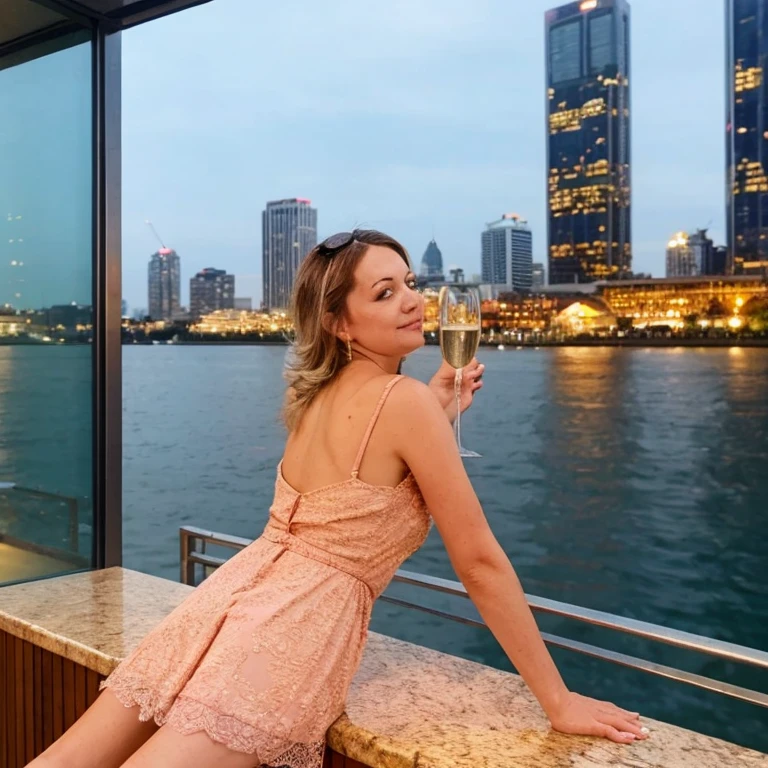 Balcony of a high-rise building. A bottle of champagne sits in a bucket of ice on a small glass table. (Champagne cooler). Glass balcony railing. deep night. The background is beautiful, realistic night city with high-rise buildings. Beautiful northern sky with clouds, Full Big Moon.
A woman of 50 years old in an evening dress on high heels stands at full height, holding a glass of champagne in the river.

8K quality, a high resolution, Realistic anatomy, Best quality, In detail, high detail, SHD-model, ultra-high transparency, realistic photo, Accurate description, bright realistic landscape, high resolution.