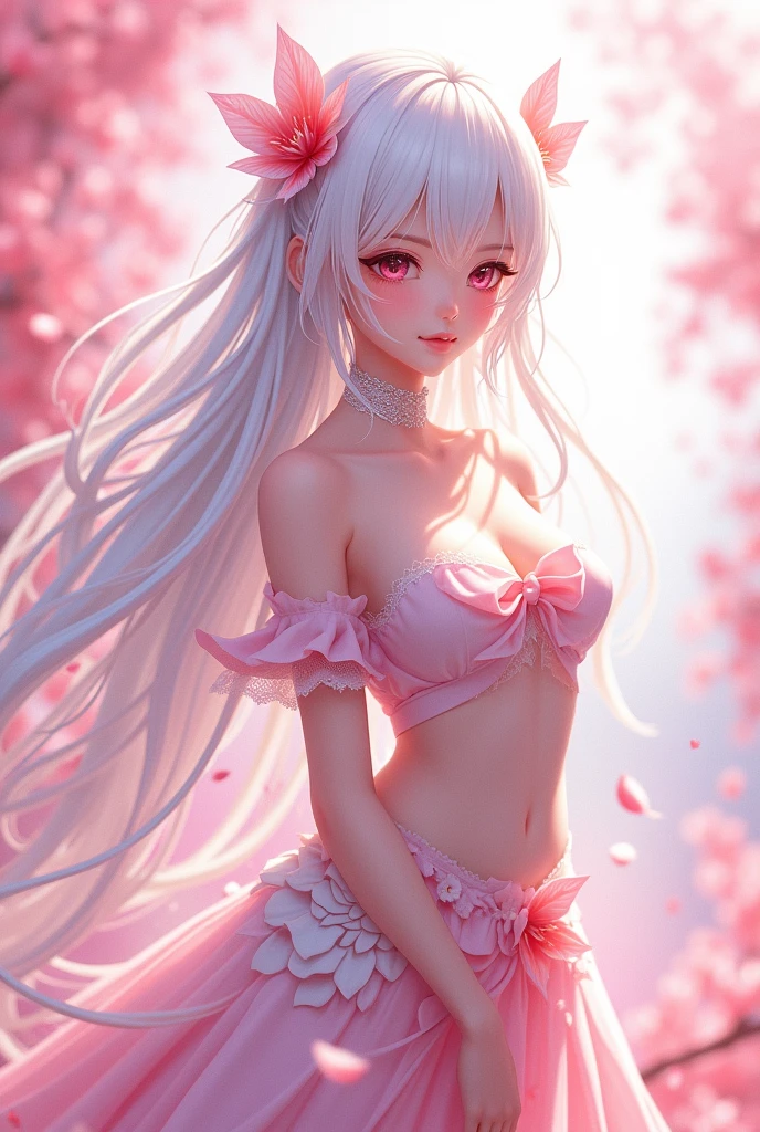 cherry blossom as background, fashion model posing, silver color top, white short pants, white short skirt, head and full body, Extremely cute human eighteen year old girl, bare legs, very beautiful and feminine, short, petite, beautiful breast, small, busty buttocks, large bust, large breast, bare legs, bare legs, cleavage display, split skirt, flat belly display, detailed eyes, detailed nose, detailed face, partial helmet with antenna on the ear, very stylish, award-winning product design, tights, split skirt, White shiny breast top opens at the cleavage and abdomen, stylish, glowing trims, atmospheric perspective, 8k, super detail, Accurate, best quality