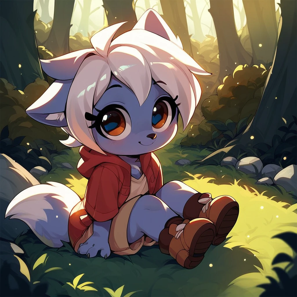 score_9, score_8_up, score_7_up, 1girl, little fox, kid girl fox, cub, silver fur, white hair, sitting on grass, night, forest, cute