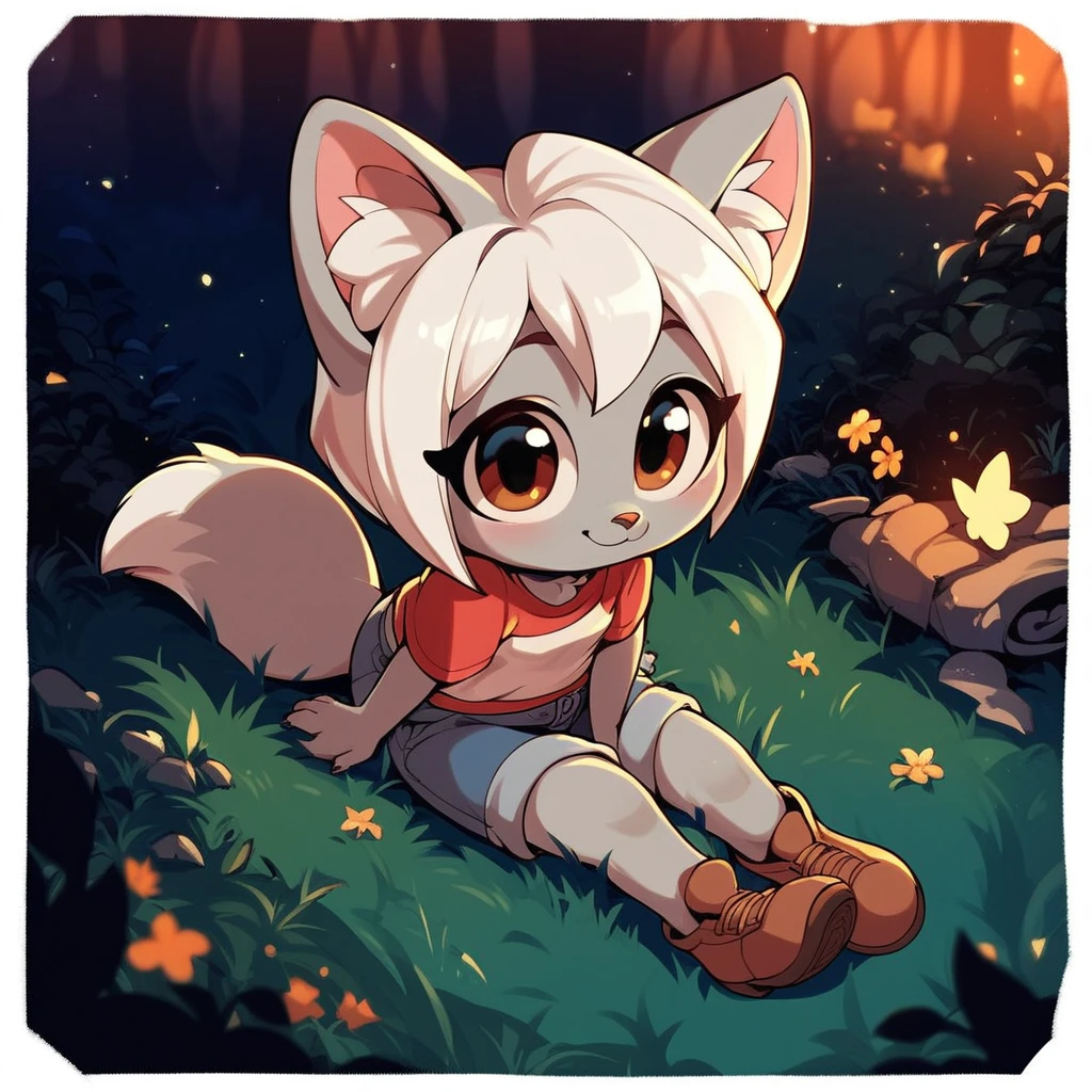 score_9, score_8_up, score_7_up, 1girl,  fox, kid gifox, cub, silver fur, white hair, sitting on grass, night, forest, cute