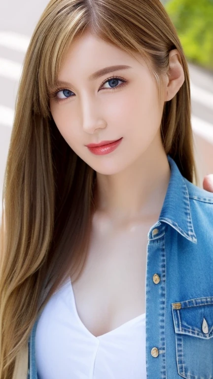 ((Highest quality, masterpiece:1.3, 8k)), (detailed), highly detailed face and skin texture, detailed eyes, whole body, Outdoor, (Slender body:1.1), One girl, (alone), (1), White skin, Bright lips, Captivating smile, Long Hair, amount, Blonde, Straight hair, Edgy outfits, Mid-chest, (Jeans pants),