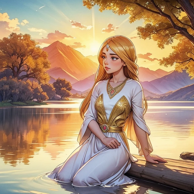 1 girl, serene expression, mesmerizing eyes, long straight hair, flowing dress, poised posture, Porcelain Skin, blush sutil, BREAK golden hour crystal pendant, (rim lighting):1.2, warm hues, sun glare, softshadows, swirly vibrant colors, pictorial effect, dreamy atmosphere BREAK panoramic lake, distant mountains, willow tree, calm waters, reflection, sunlit clouds, tranquil atmosphere, idyllic sunset, ultra detaild, offcial art, unity wallpaper 8k , Zentangle, mandala