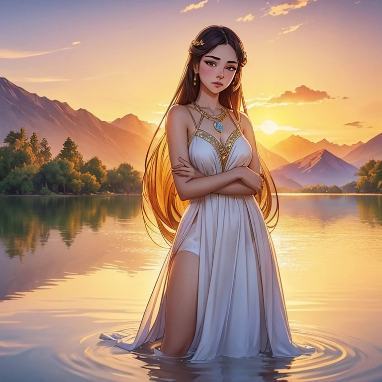 1 girl, serene expression, mesmerizing eyes, long straight hair, flowing dress, poised posture, Porcelain Skin, blush sutil, BREAK golden hour crystal pendant, (rim lighting):1.2, warm hues, sun glare, softshadows, swirly vibrant colors, pictorial effect, dreamy atmosphere BREAK panoramic lake, distant mountains, willow tree, calm waters, reflection, sunlit clouds, tranquil atmosphere, idyllic sunset, ultra detaild, offcial art, unity wallpaper 8k , Zentangle, mandala