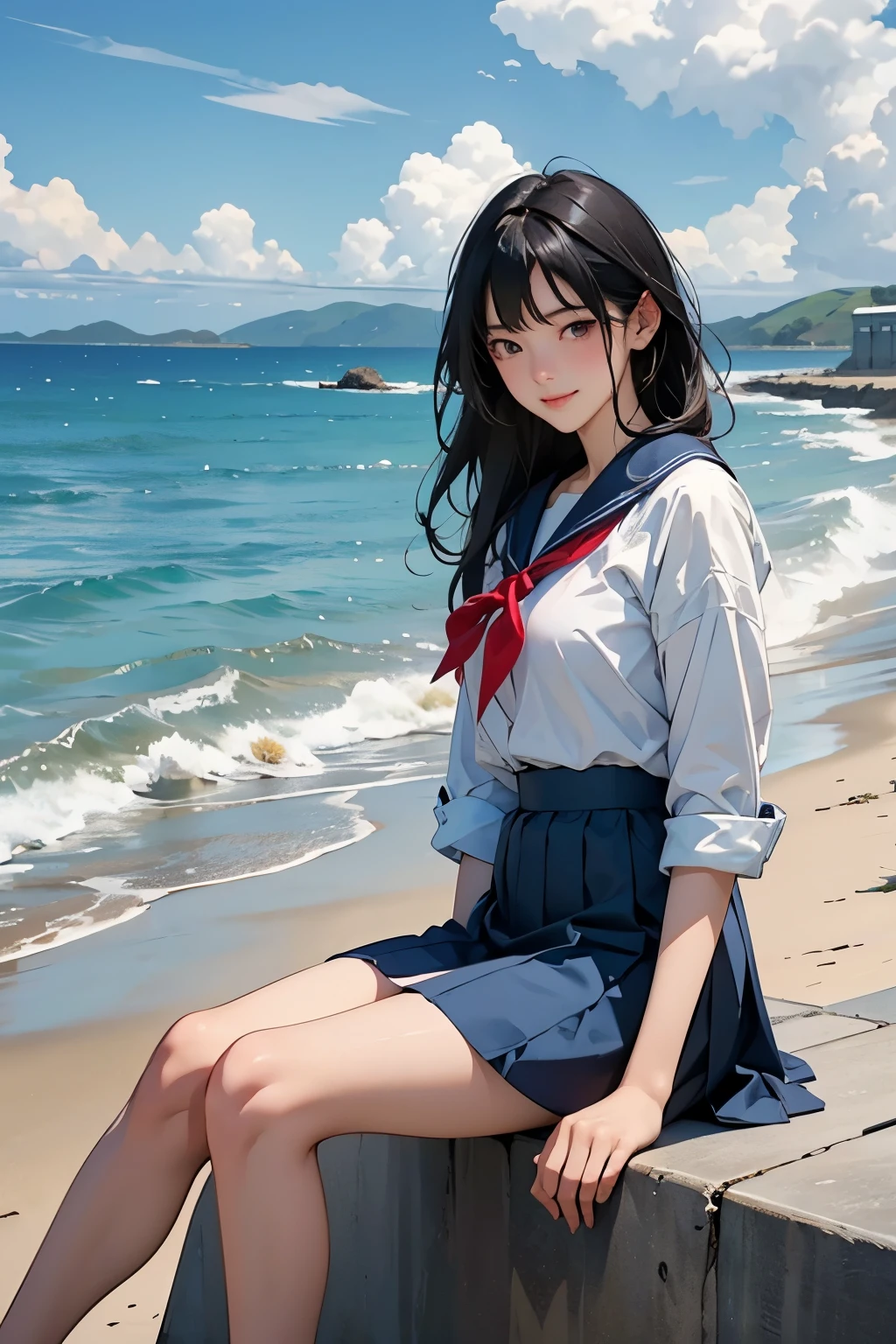 Beautiful One Japan Woman、Hair color is black、black eye、Medium Hair、Straight hair、smile、Slim but well-proportioned body,、sit on a high breakwater on the beach、The blue sky is beautiful、There is an entrance cloud、summer、I'm wearing a sailor suit、Wearing a navy blue pleated skirt、Wear loafers、(Red canna flowers blooming)、There is a road in front of the breakwater..、There is a sign indicating the bus stop.、The sea is beautiful、The horizon is beautiful、An island is visible offshore