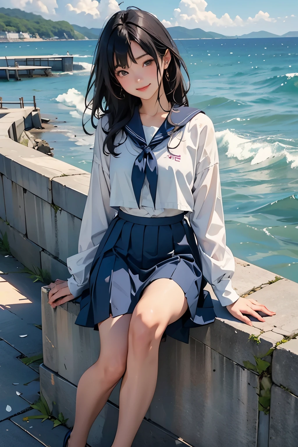 Beautiful One Japan Woman、Hair color is black、black eye、Medium Hair、Straight hair、smile、Slim but well-proportioned body,、sit on a high breakwater on the beach、The blue sky is beautiful、There is an entrance cloud、summer、I'm wearing a sailor suit、Wearing a navy blue pleated skirt、Wear loafers、(Red canna flowers blooming)、There is a road in front of the breakwater..、There is a sign indicating the bus stop.、The sea is beautiful、The horizon is beautiful、An island is visible offshore