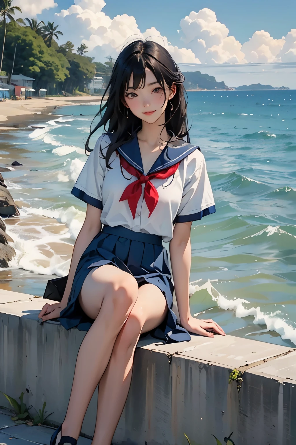 Beautiful One Japan Woman、Hair color is black、black eye、Medium Hair、Straight hair、smile、Slim but well-proportioned body,、sit on a high breakwater on the beach、The blue sky is beautiful、There is an entrance cloud、summer、I'm wearing a sailor suit、Wearing a navy blue pleated skirt、Wear loafers、(Red canna flowers blooming)、There is a road in front of the breakwater..、There is a sign indicating the bus stop.、The sea is beautiful、The horizon is beautiful、An island is visible offshore