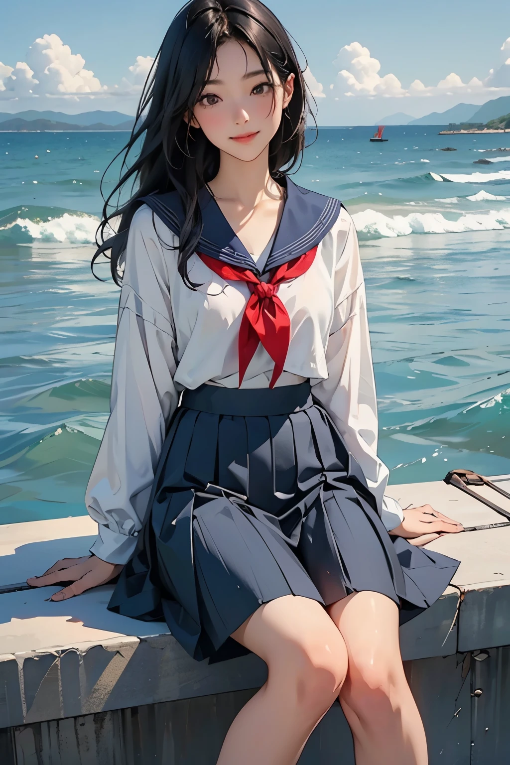 Beautiful One Japan Woman、Hair color is black、black eye、Medium Hair、Straight hair、smile、Slim but well-proportioned body,、sit on a high breakwater on the beach、The blue sky is beautiful、There is an entrance cloud、summer、I'm wearing a sailor suit、Wearing a navy blue pleated skirt、Wear loafers、(Red canna flowers blooming)、There is a road in front of the breakwater..、There is a sign indicating the bus stop.、The sea is beautiful、The horizon is beautiful、An island is visible offshore