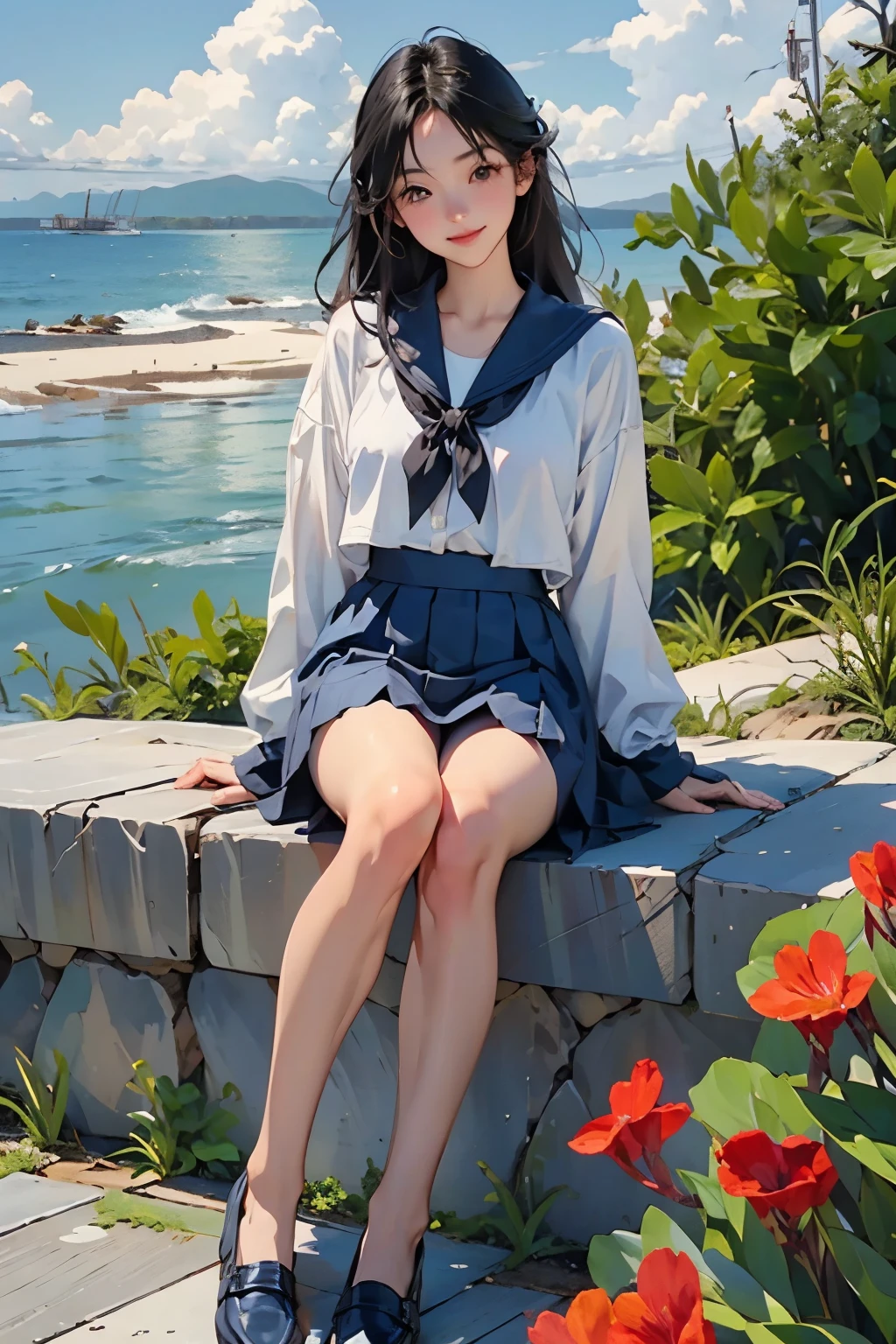 Beautiful One Japan Woman、Hair color is black、black eye、Medium Hair、Straight hair、smile、Slim but well-proportioned body,、sit on a high breakwater on the beach、The blue sky is beautiful、There is an entrance cloud、summer、I'm wearing a sailor suit、Wearing a navy blue pleated skirt、Wear loafers、(Red canna flowers blooming)、There is a road in front of the breakwater..、There is a sign indicating the bus stop.、The sea is beautiful、The horizon is beautiful、An island is visible offshore