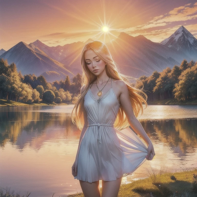 1 girl, serene expression, hypnotic eyes, long straight hair, flowing dress, balanced posture, porcelain skin, subtle blush, crystal pendant, golden hour lighting, warm tones, sun glare, soft shadows, vibrant colors, pictorial effect, dreamlike atmosphere, panoramic lake, distant mountains, willow tree, calm waters, reflection, sun-lit clouds, tranquil environment, idyllic sunset, ultra detailed, official art, 8k wallpaper, zentangle, mandala