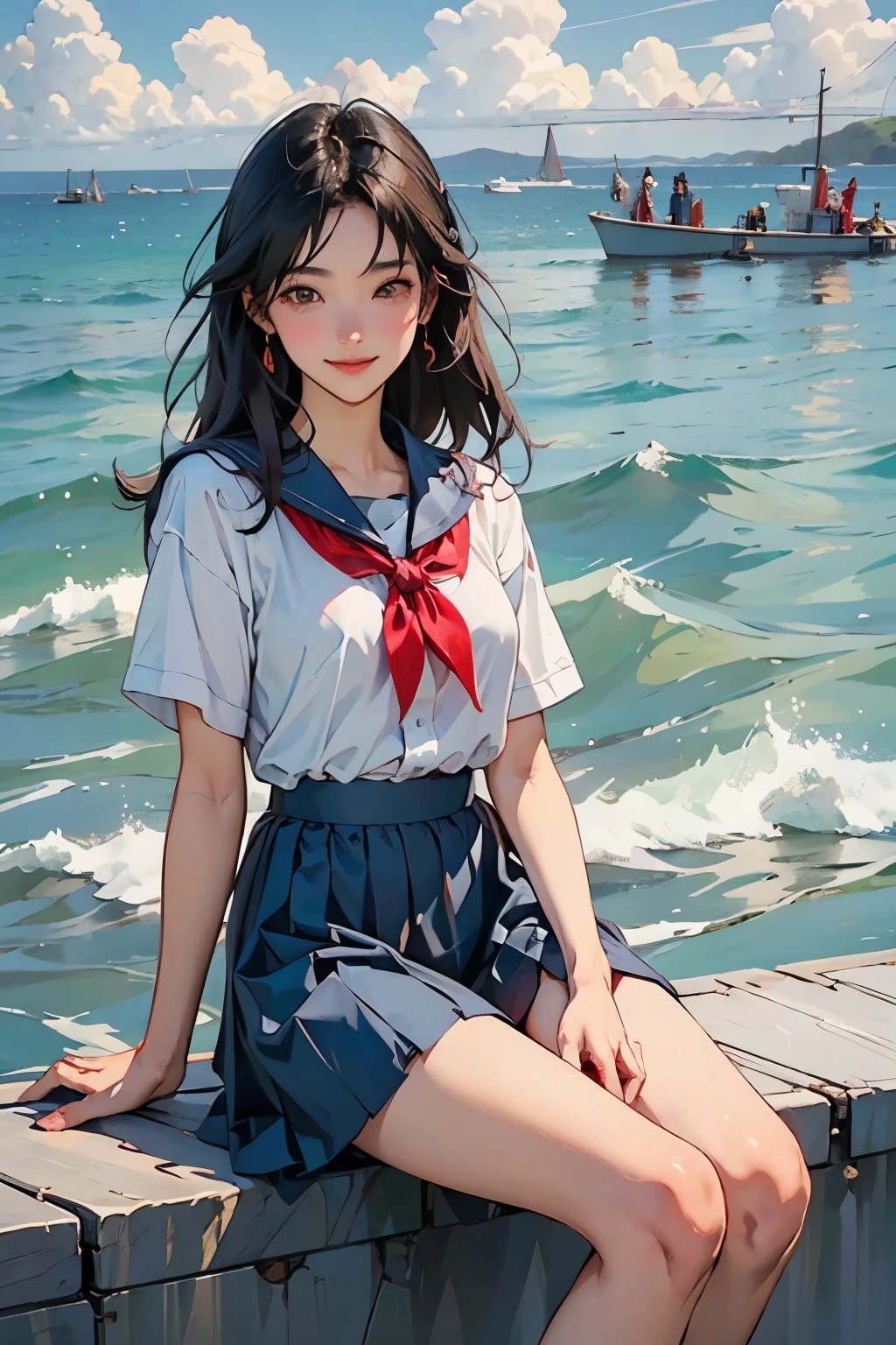 Beautiful One Japan Woman、Hair color is black、black eye、Medium Hair、Straight hair、smile、Slim but well-proportioned body,、sit on a high breakwater on the beach、The blue sky is beautiful、There is an entrance cloud、summer、I'm wearing a sailor suit、Wearing a navy blue pleated skirt、Wear loafers、(Red canna flowers blooming)、There is a road in front of the breakwater..、There is a sign indicating the bus stop.、The sea is beautiful、The horizon is beautiful、An island is visible offshore