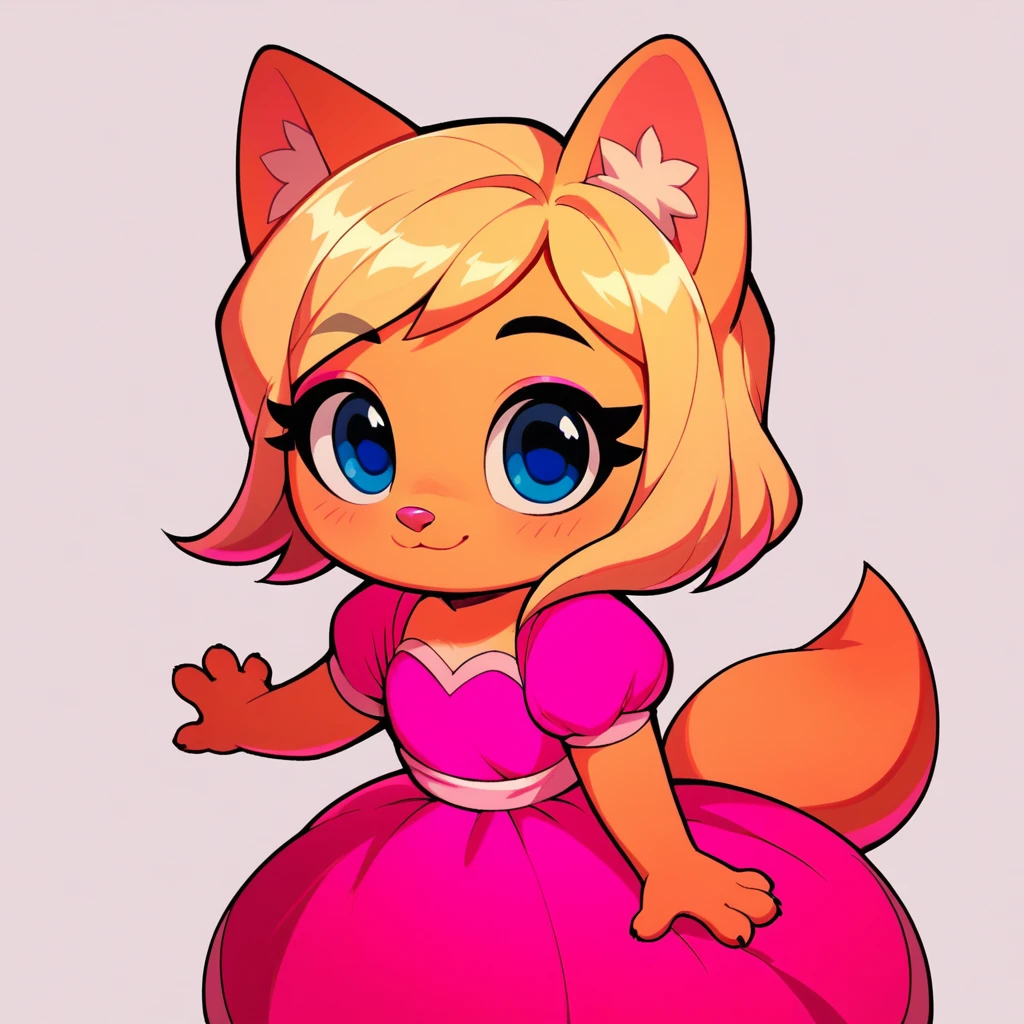 score_9, score_8_up, score_7_up, 1girl, little fox, kid girl fox, black eyebrows, hair, blonde hair, fox tail, 4 fingers, pink, pink makeup, blue eyes, ginger fur, dusty-pink nose, pink dress, princess dress, cute kid, cub, alone