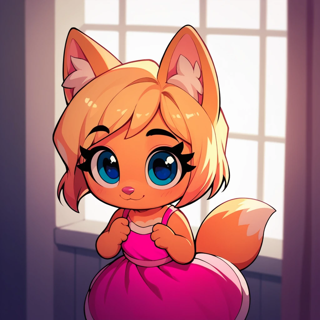 score_9, score_8_up, score_7_up, 1girl, little fox, kid girl fox, black eyebrows, hair, blonde hair, fox tail, 4 fingers, pink, pink makeup, blue eyes, ginger fur, dusty-pink nose, pink dress, princess dress, cute kid, cub, alone