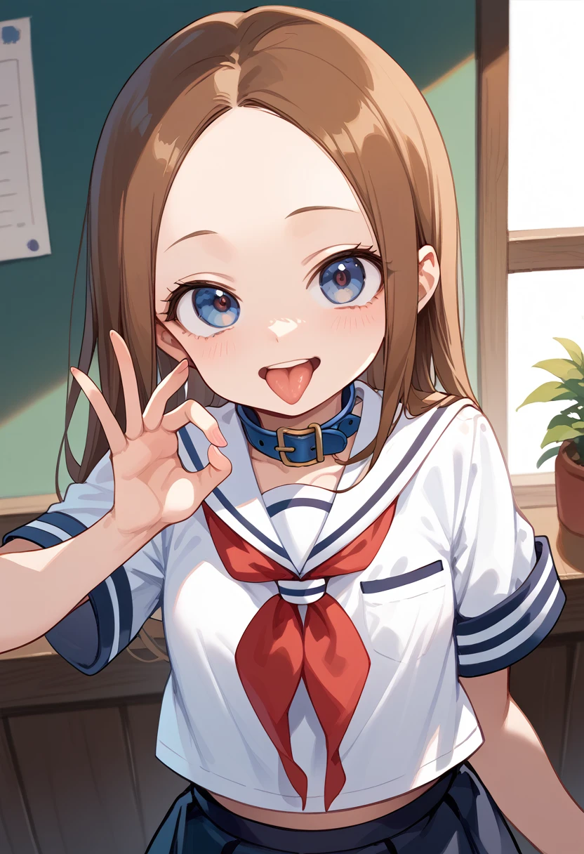 masterpiece,High resolution,Highest quality,8k
(Ms. Takagi who is good at teasing)
(Twelve year old woman,Brown hair, semi-long,Center Part,Straight hair,Wide forehead,Big eyes,Small breasts,Are thin)(White Sailor Suit,Blue collar,Red tie)
Sticking out tongue,Squint your eyes,handjob gesture