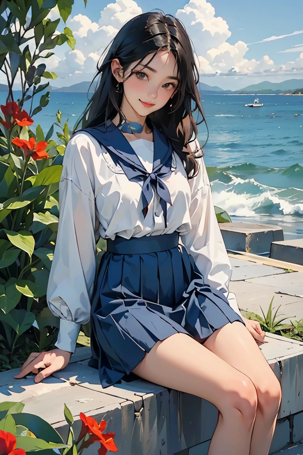 Beautiful One Japan Woman、Hair color is black、black eye、Medium Hair、Straight hair、smile、Slim but well-proportioned body,、sit on a high breakwater on the beach、The blue sky is beautiful、There is an entrance cloud、(Red canna flowers blooming)、summer、I'm wearing a sailor suit、Wearing a navy blue pleated skirt、Wear loafers、There is a road in front of the breakwater..、There is a sign indicating the bus stop.、The sea is beautiful、The horizon is beautiful、An island is visible offshore