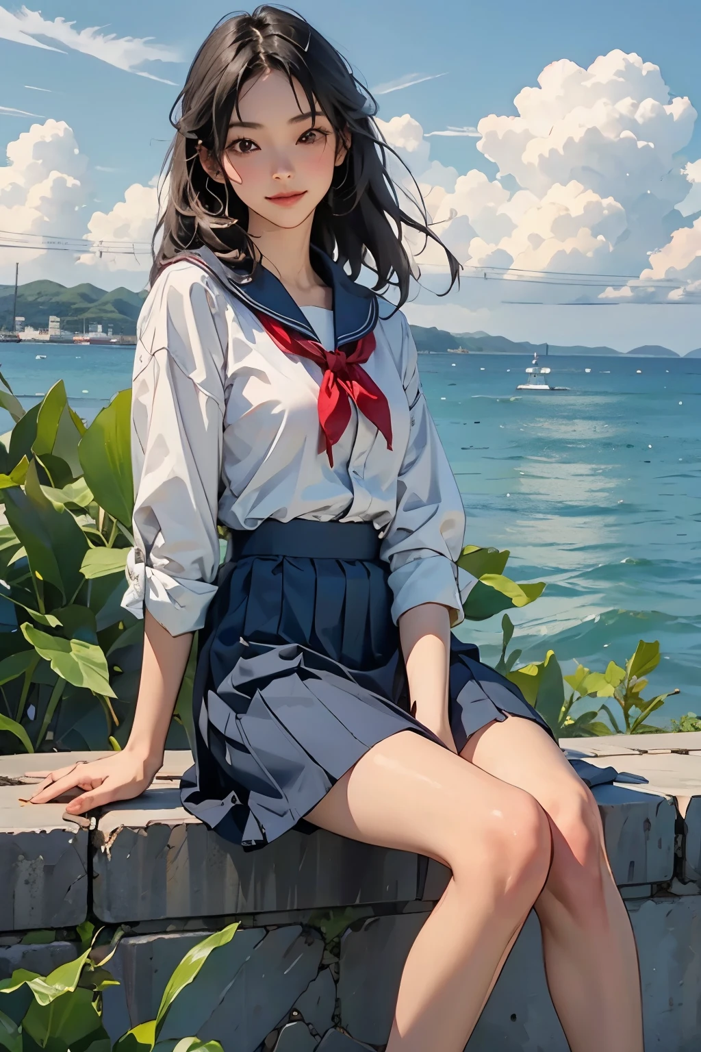 Beautiful One Japan Woman、Hair color is black、black eye、Medium Hair、Straight hair、smile、Slim but well-proportioned body,、sit on a high breakwater on the beach、The blue sky is beautiful、There is an entrance cloud、(Red canna flowers blooming)、summer、I'm wearing a sailor suit、Wearing a navy blue pleated skirt、Wear loafers、There is a road in front of the breakwater..、There is a sign indicating the bus stop.、The sea is beautiful、The horizon is beautiful、An island is visible offshore