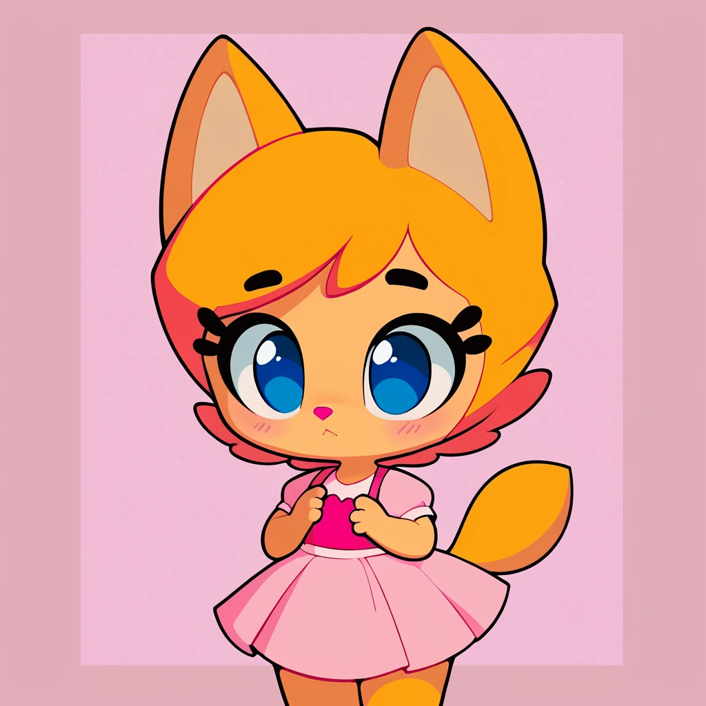 score_9, score_8_up, score_7_up, 1girl, little fox, kid girl fox, black eyebrows, hair, blonde hair, fox tail, 4 fingers, pink, pink makeup, blue eyes, ginger fur, dusty-pink nose, pink dress, princess dress, cute kid, cub, alone, by diives