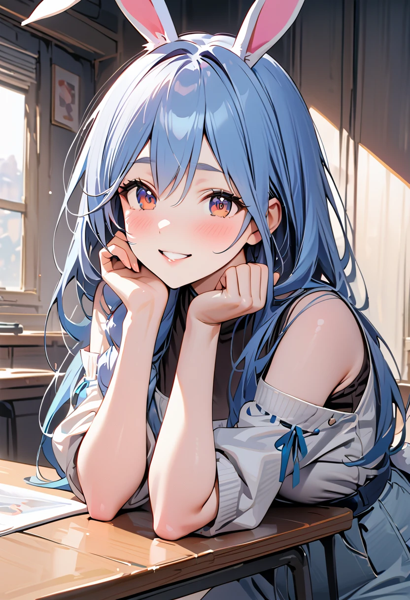 Bust up photo、Woman leaning her elbows on the desk、Blue Hair、long hair、Rabbit Ears、smile、masterpiece、Highest quality、Very beautiful artwork