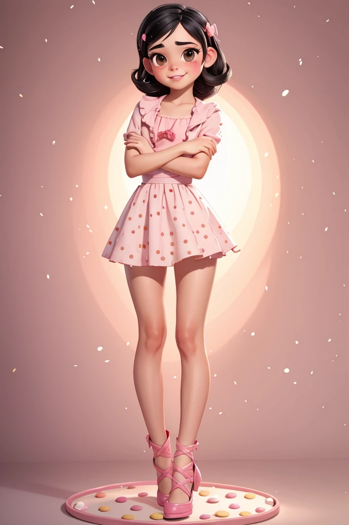  Full body view, 1girl, solo, adult, (best quality:1.4),(shiny skin), body focus, (cute face), (((best quality))), illustration,perfect lighting, ultra high res, highres, absurdres:1.2, bokeh:1.2, Black hair with colored sprinkles, large brown eyes, pink blush on cheeks, content expression, Vanellope von Schweetz as an adult, 30 years old, petite body, small breast, sexy, posing, 