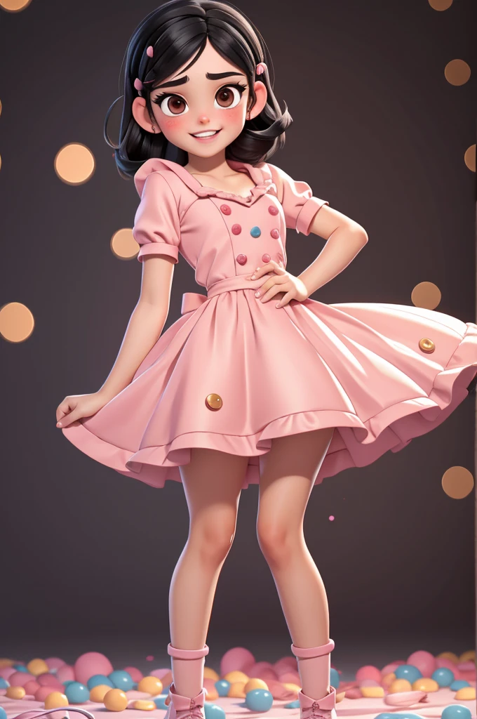  Full body view, 1girl, solo, adult, (best quality:1.4),(shiny skin), body focus, (cute face), (((best quality))), illustration,perfect lighting, ultra high res, highres, absurdres:1.2, bokeh:1.2, Black hair with colored sprinkles, large brown eyes, pink blush on cheeks, content expression, Vanellope von Schweetz as an adult, 30 years old, petite body, small breast, sexy, posing, 