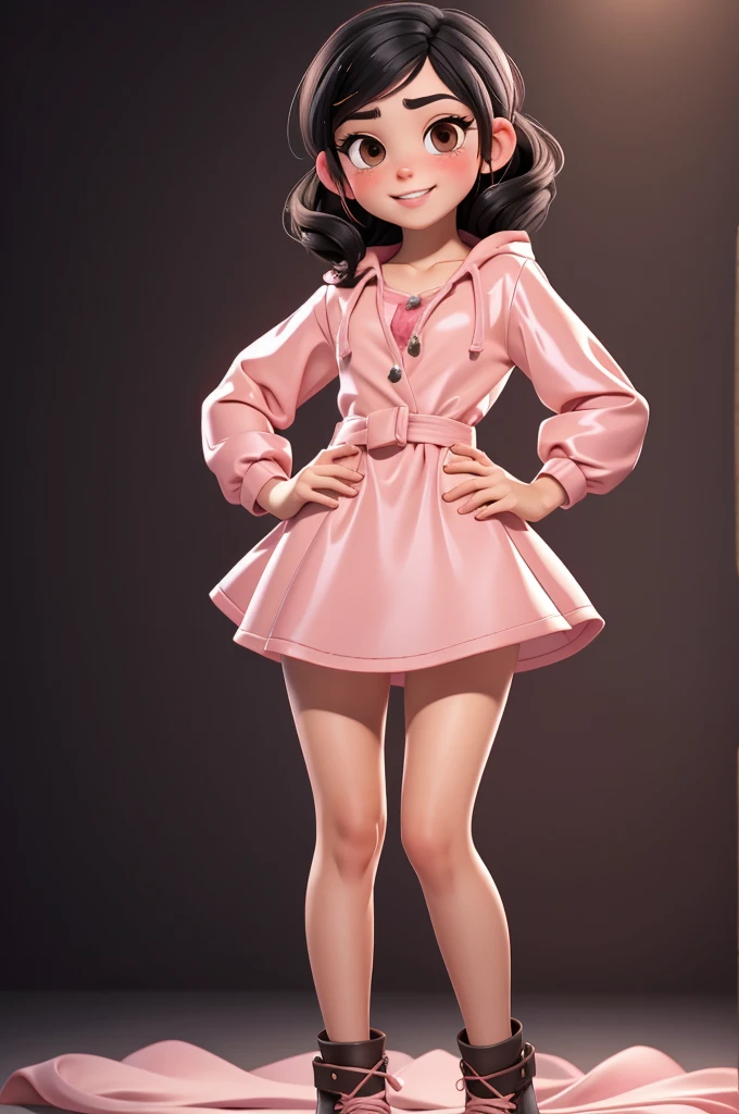  Full body view, 1girl, solo, adult, (best quality:1.4),(shiny skin), body focus, (cute face), (((best quality))), illustration,perfect lighting, ultra high res, highres, absurdres:1.2, bokeh:1.2, Black hair with colored sprinkles, large brown eyes, pink blush on cheeks, content expression, Vanellope von Schweetz as an adult, 30 years old, petite body, small breast, sexy, posing, 