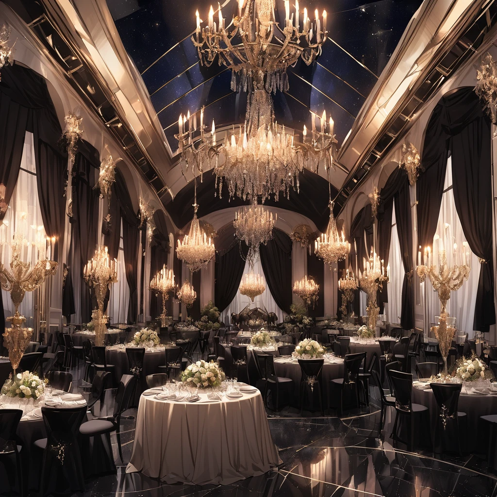 Design an elegant Gothic ball set in a grand ballroom with soaring ceilings and crystal chandeliers casting a soft glow over the room. Guests dressed in elaborate black and dark red gowns, along with men in finely tailored suits, waltz across the marble floor. The large windows reveal a night sky full of stars, and dark curtains drape the walls. The room is adorned with candelabras and dark floral arrangements, creating an atmosphere of dark luxury and timeless elegance