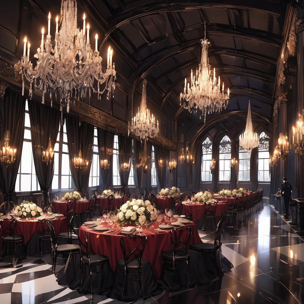 Design an elegant Gothic ball set in a grand ballroom with soaring ceilings and crystal chandeliers casting a soft glow over the room. Guests dressed in elaborate black and dark red gowns, along with men in finely tailored suits, waltz across the marble floor. The large windows reveal a night sky full of stars, and dark curtains drape the walls. The room is adorned with candelabras and dark floral arrangements, creating an atmosphere of dark luxury and timeless elegance