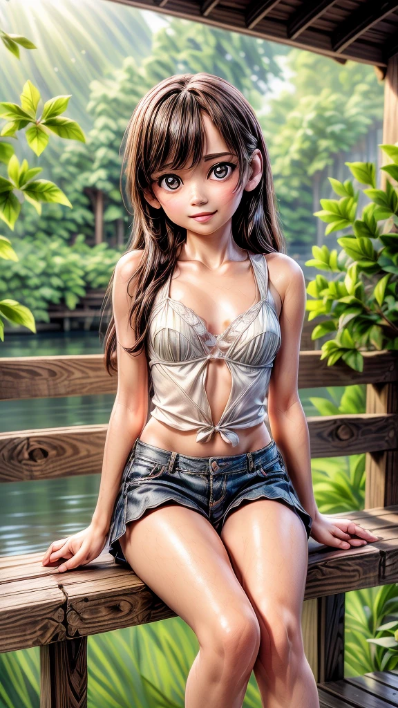 beautiful young girl sitting on a wooden pier, watching the flowing clouds in the summer, detailed portrait, intricate background, natural lighting, warm color tones, soft focus, photorealistic, 8k, high quality, masterpiece