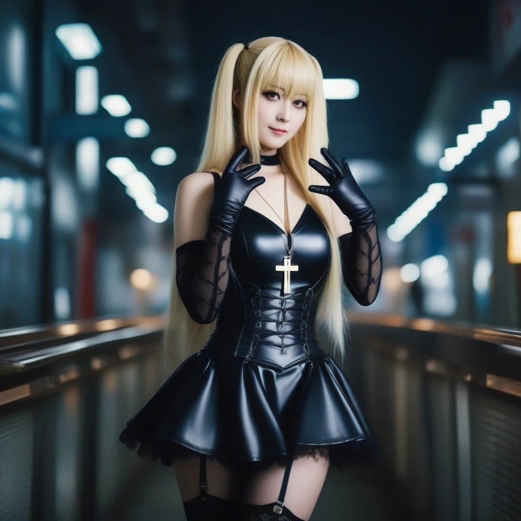 cinematic photo Misa1024, a full body blond woman dressed in black, gloves, stocking, cross necklace, in japan <lora:Misa1024:0.8> . 35mm photograph, film, bokeh, professional, 4k, highly detailed