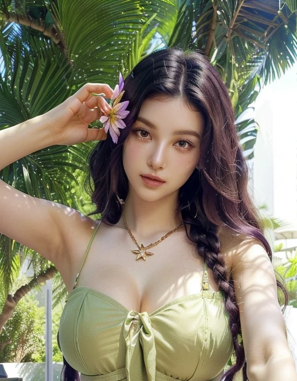 Long, wavy dark hair and purple eyes, Green tube top, flower hair accessory, gold necklace, side braid, relaxed pose, hand touching a flower, outdoor stage, lush vegetation, palms, bright natural lighting, Informal and fresh atmosphere., Front view, close up, well balanced exposition, big breasts, heavy breasts