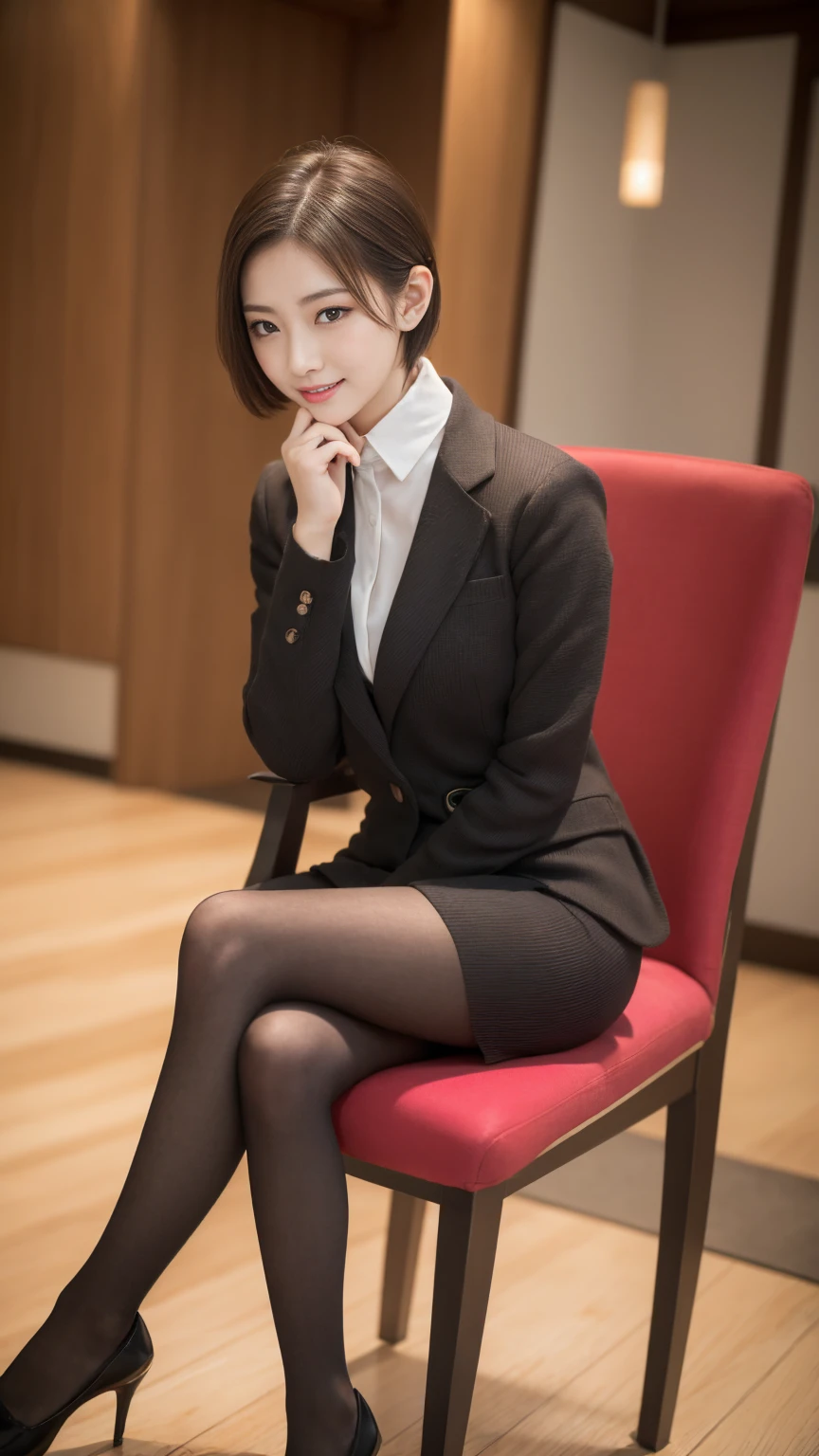 Tabletop, Highest quality, figure, Very detailed, In detail, High resolution, 8k wallpaper, Perfect dynamic composition, Beautiful attention to detail, business suit,short hair，Natural color lip, Sit on a chair and cross your legs,smile、2 Girls，Red eyeshadow，Wearing black tights，