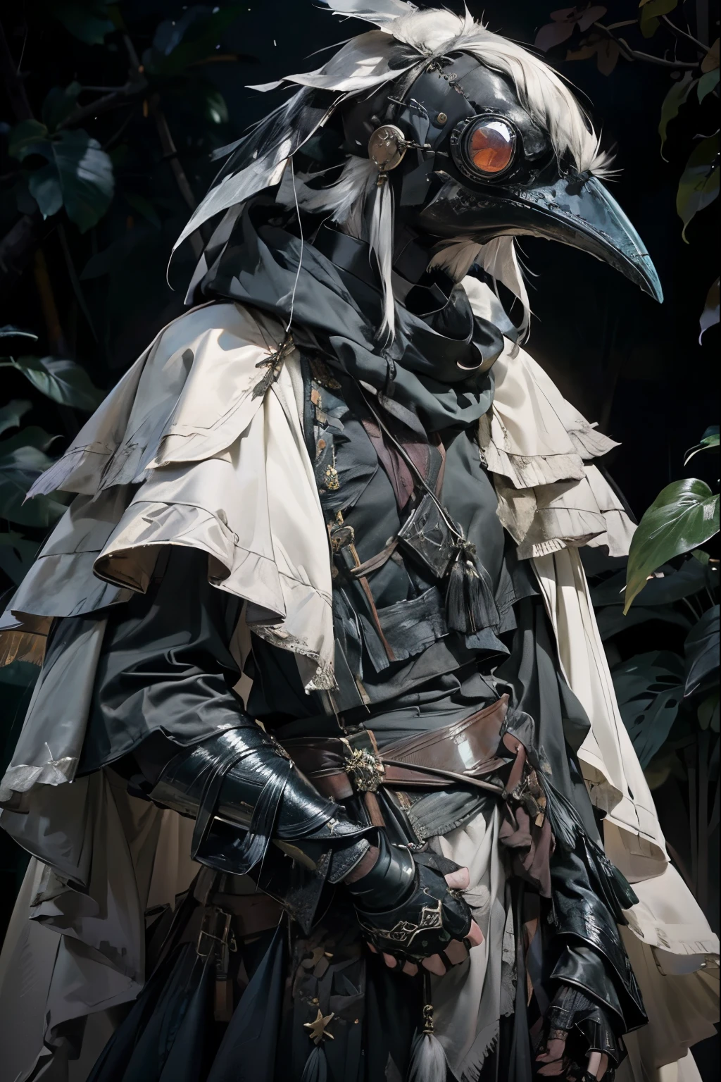 birdman standing in a dark forest(faint light filtering through the leaves), bird face, entire body covered in a cloak made of (black feathers), torn hood, layered torn shirts and pants:feathers stickingout, completely covered in cloth and feathers, bird-like mask(beak), bird talons for hands, arms covered in feather plumage and torn sleeves, goggles, torn shawl, gear belts all under cloak, covered in shiny jewelry: necklaces, bracelets, bangles, tassels. surrounded by a multitude of magpies, filthy magpies carrying shiny things. hunched over, manic, crouched down, crazy. flat shading, drawing outlines