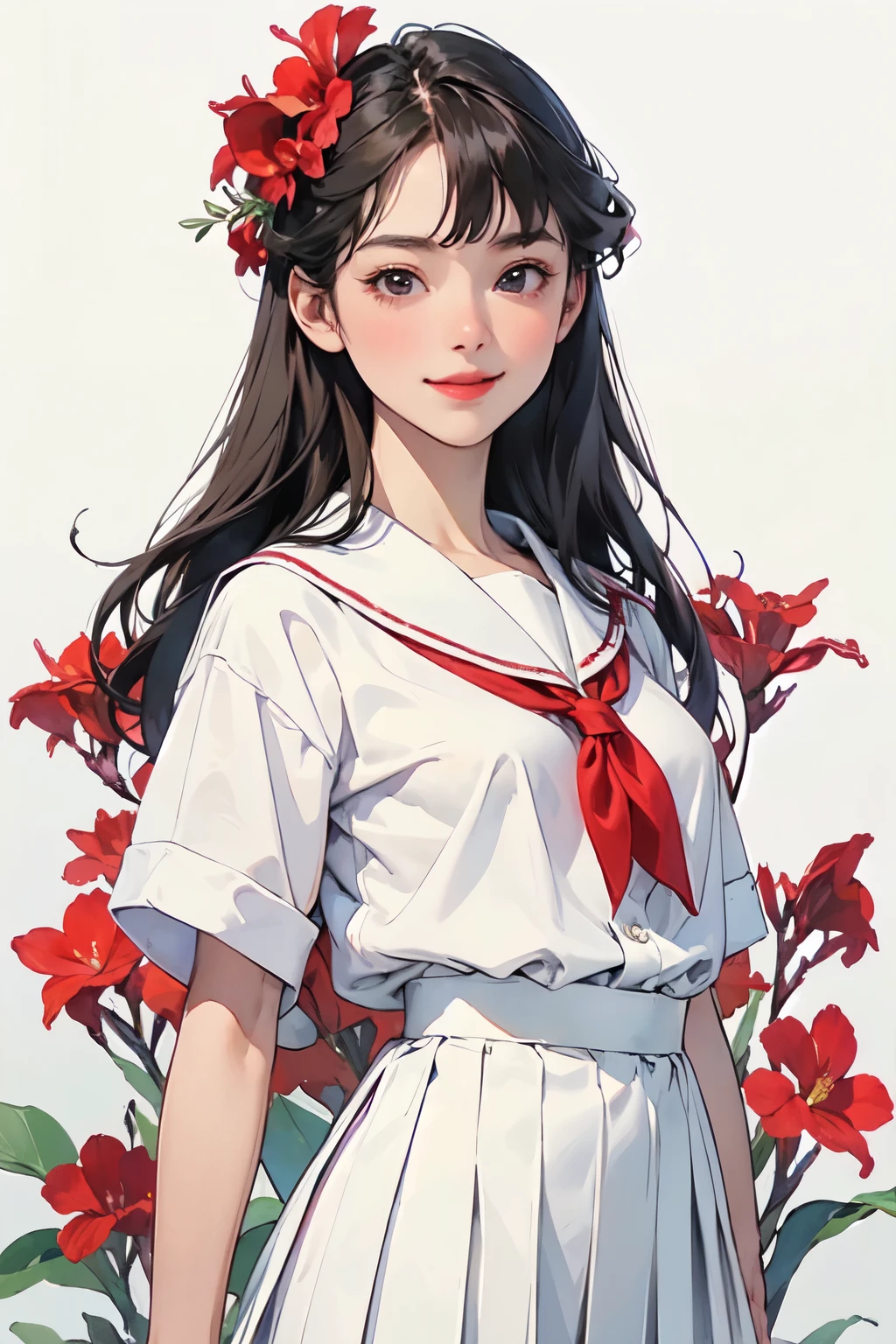 (1 girl、alone、whole body、natural standing posture)、(whole body:1.4)、(Portraiture:1.2)、(Detailed facial depiction、A kind smile)、Short dark brown hair、White Sailor Suit、Navy blue sailor collar、uniform、Long skirt、Pleated skirt、shoes、(Red canna flowers blooming)、(Vintage、Classic)、((No background))、((White Background))、Blur the background、((Watercolor of singer Sargent))、Impressionist style painting、(Highest quality、masterpiece)、