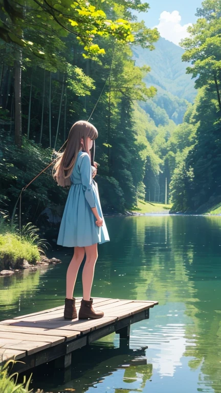 Straight long hair, Have、parasol, Light blue dress, Brown boots, Straw hat,Casual clothing, Relaxed pose, (((Standing on a wooden pier))), Side view, Outdoor natural scenery, Summer Sea, Sea and cumulonimbus clouds in the background, Clear blue sky and white clouds, Natural light, Light from above, Soft Shadows, Calm and relaxed atmosphere, Wide-angle shot, Deep writing depth, Well-balanced exposure