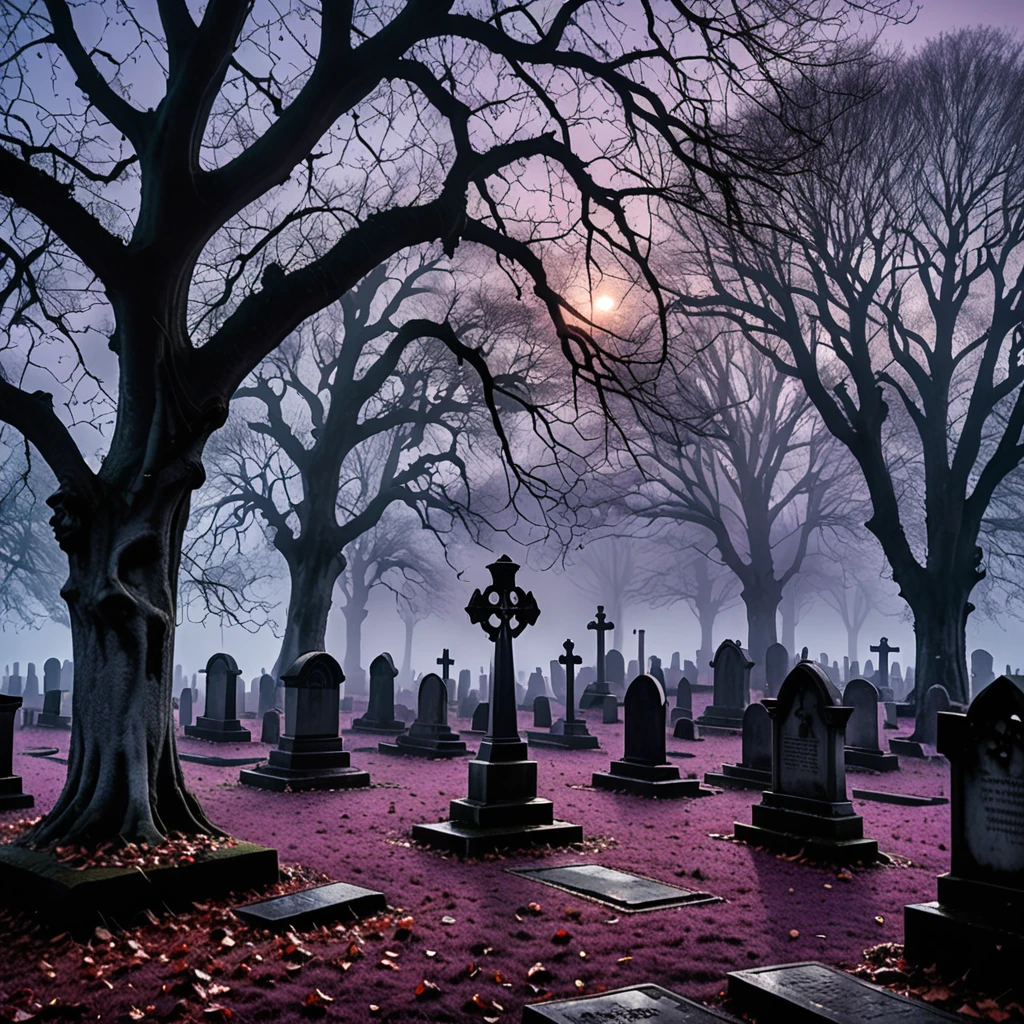 moody and mysterious image of a Gothic cemetery at dusk. Old, weathered gravestones stand among twisting trees, their branches reaching into the misty air. The sky is a deep purple with hints of red as the sun sets, casting eerie shadows. A lone figure in a dark cloak walks through the cemetery, passing by ancient crypts with intricate carvings. The atmosphere is somber, yet hauntingly beautiful