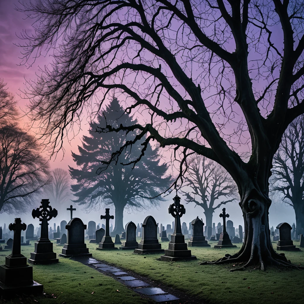 moody and mysterious image of a Gothic cemetery at dusk. Old, weathered gravestones stand among twisting trees, their branches reaching into the misty air. The sky is a deep purple with hints of red as the sun sets, casting eerie shadows. A lone figure in a dark cloak walks through the cemetery, passing by ancient crypts with intricate carvings. The atmosphere is somber, yet hauntingly beautiful