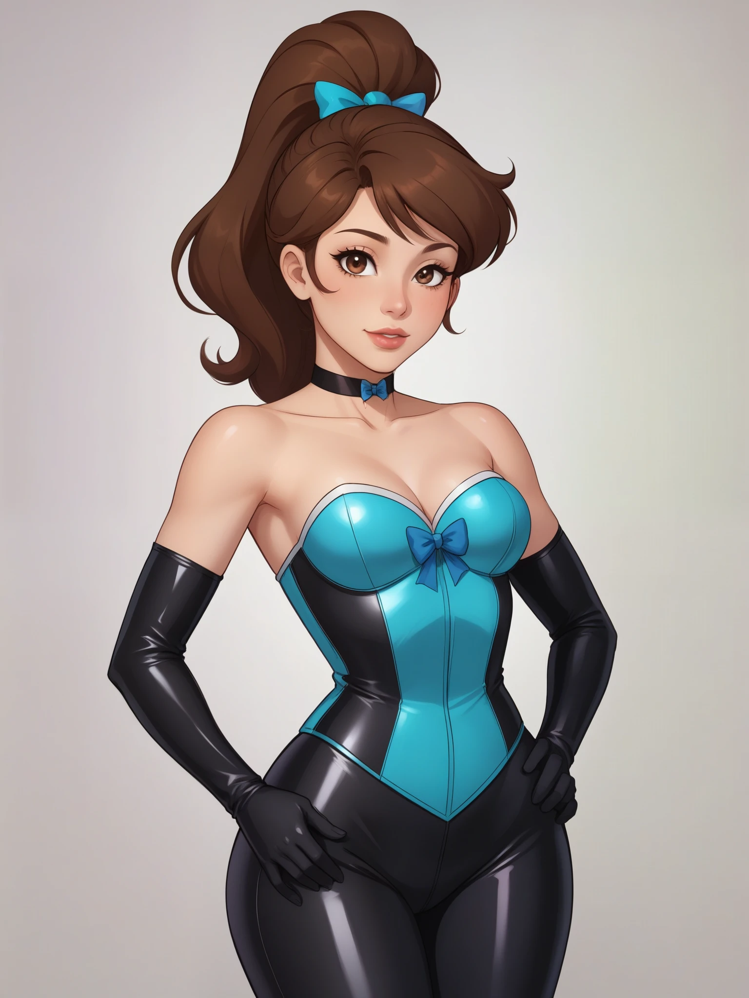 Princess Marco. brown eyes, brown hair, ponytail. small breasts. choker. bow. latex suit. corset
