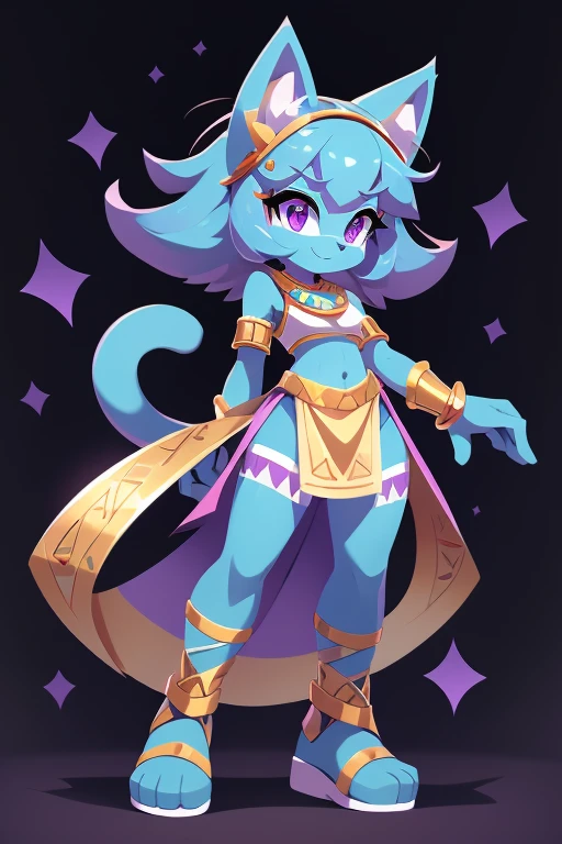 complete body, face perfect, cabelo roxo, Star Guardian, purple and cyan eyes, bright purple eyes, long eyelashes, cyan blue fur, cyan blue cat ears, ssmile doce.tummy,arms ,flegs ,waist,feet,bootiesroupa casual de aventureira. purple and cyan hair, fake cat ears, light ssmile, ear flush,students shining, purple eyes, cyan eyes, ssmile, looking straight ahead, wide plan, 8k, best qualityer, High details, high resolution,tematica egyptian clothes,egyptian clothes ,overskirt,bracelete,necklase,wristbands,booties,.