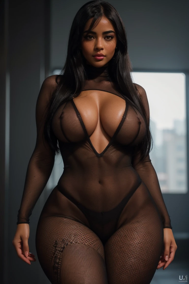 girl wearing a black skin-tight and thin full-body suit. her naked feet and her naked pussy are visible. her naked small breasts are also visible. she is beautiful, very young and very sexy