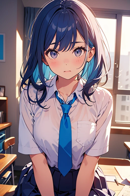 Bust up photo、Woman leaning her elbows on the desk、Blue Hair、High School Uniform、The shirt is open at the chest、Puffing out one&#39;s cheeks in anger、masterpiece、Highest quality、Very beautiful artwork