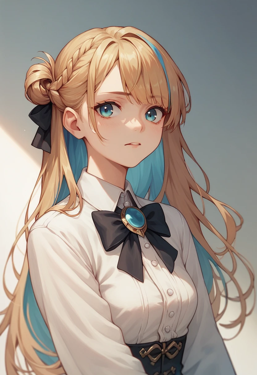 HinanoBase, two-tone hair, long hair, french braid, hair bow, black bowtie, brooch,China&#39;s、 Chinese clothing, Pichi Pichi，blush:1.3 ，Sweaty:1、Difficulty breathing、sexual expression, Panicked, Glare、Hearts in eyes, blush, Look Away