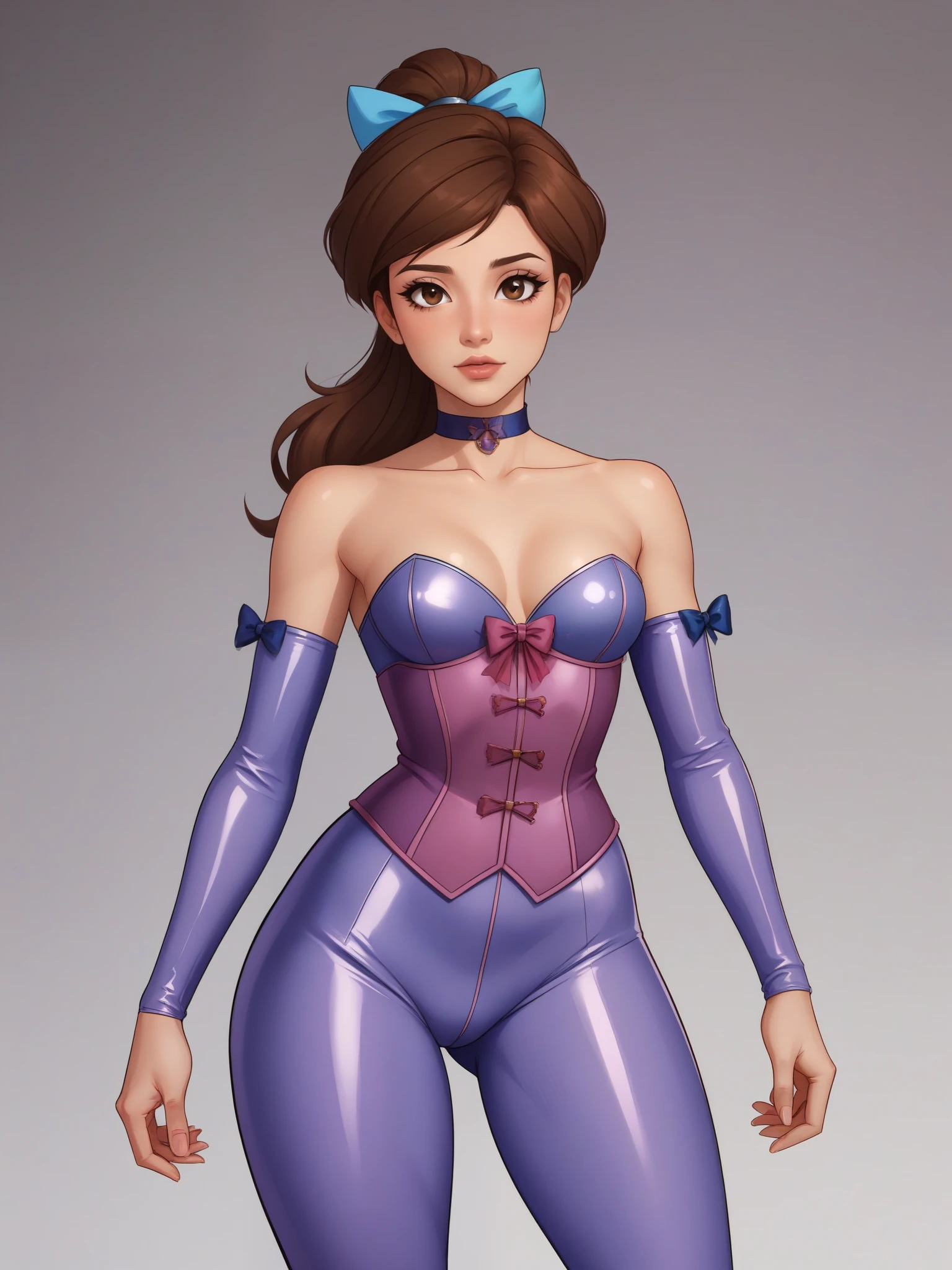 Princess Marco. brown eyes, brown hair, ponytail. small breasts. choker. bow. latex suit. corset
