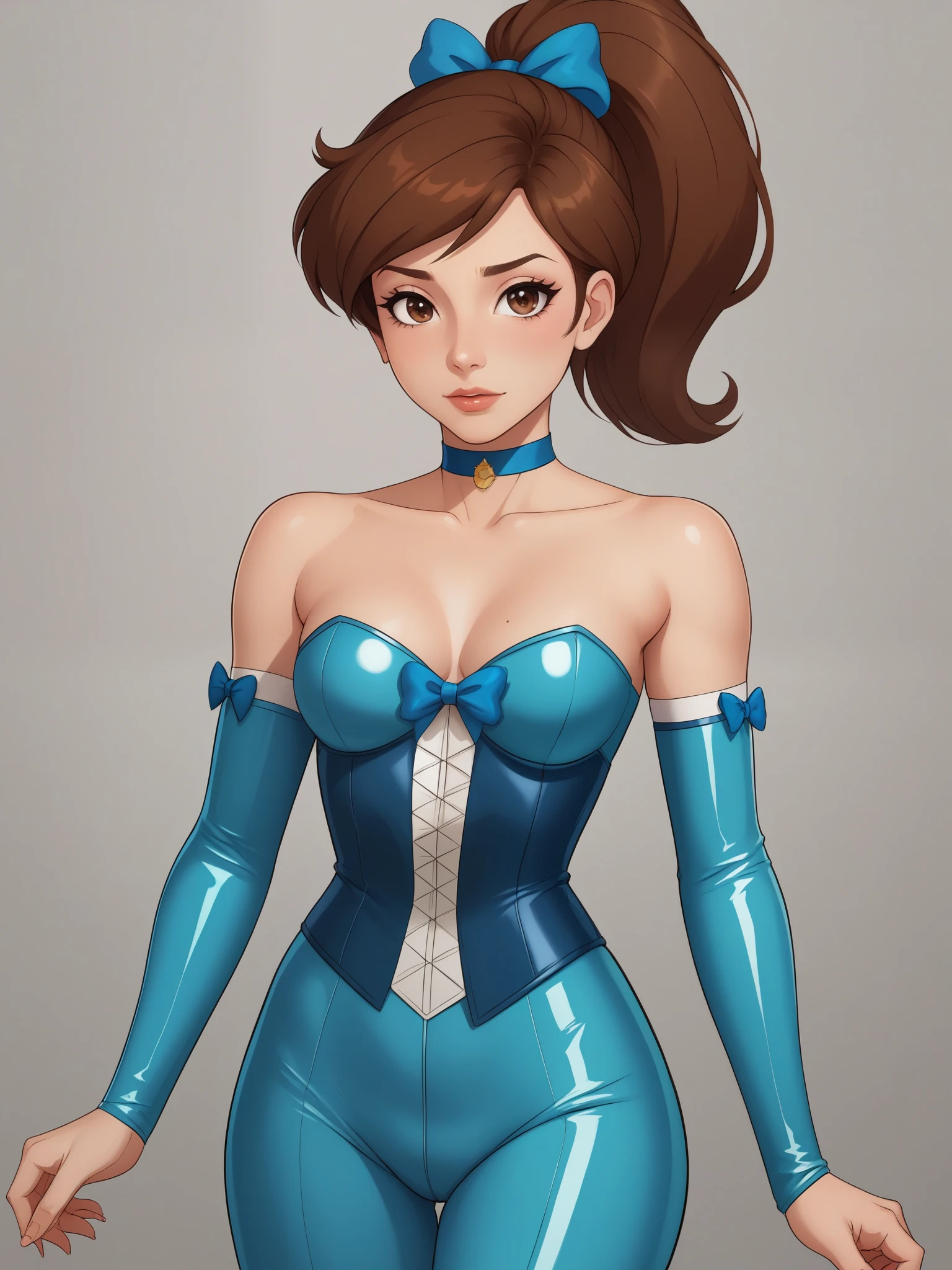 Princess Marco. brown eyes, brown hair, ponytail. small breasts. choker. bow. latex suit. corset
