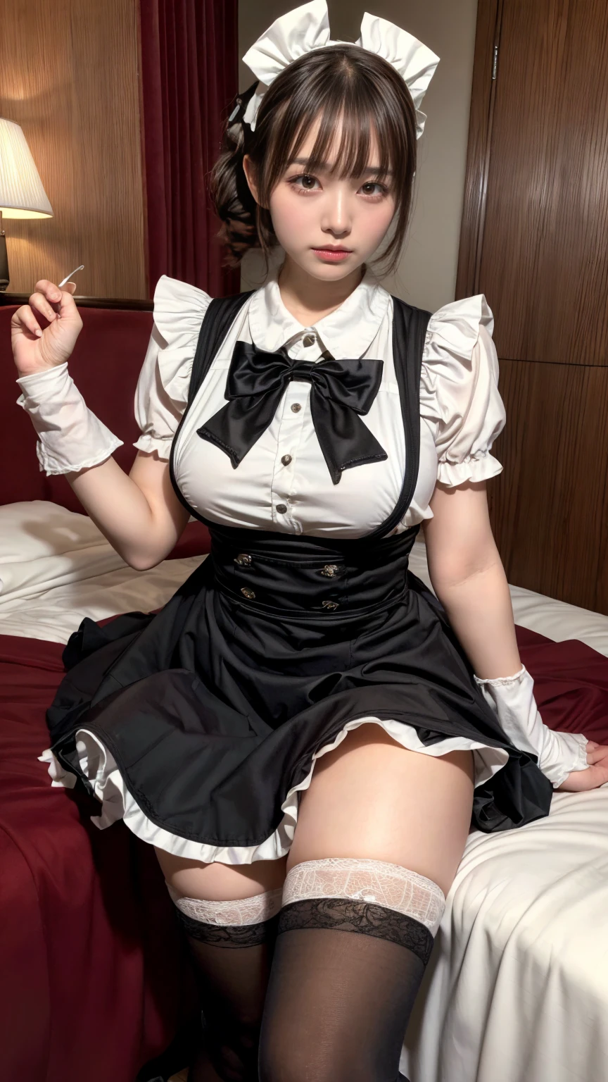 muste piece, best quality, illustration, Super detailed, fine details, High resolution, 8K,wall paper, perfect dynamic composition,(Details High quality, realistic depiction of eyes:1.3), short hair, (wavy hair:1.2), huge breasts, hotel room, (bow ribbon, Maid, knee high socks:1.3), frill skirt, huge breasts, ponytail, black hair color, Big Natural Color Lip, perfect body shape, bold sexy pose, crying a little、cold gaze, Harajuku style、20 year old girl、cute type、lolita、beautiful legs, full body photo、focus on crotch, hposing Gravure Idol
