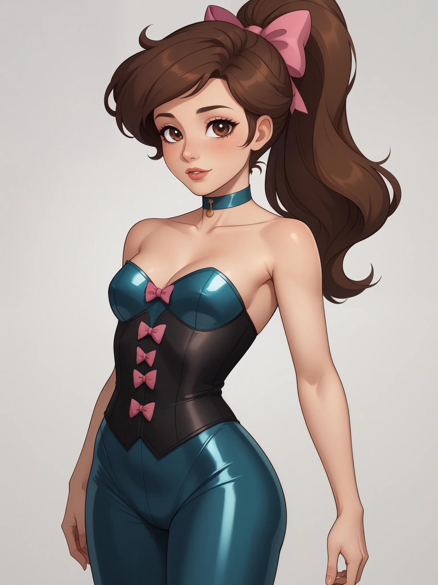 Princess Marco. brown eyes, brown hair, ponytail. small breasts. choker. bow. latex suit. corset
