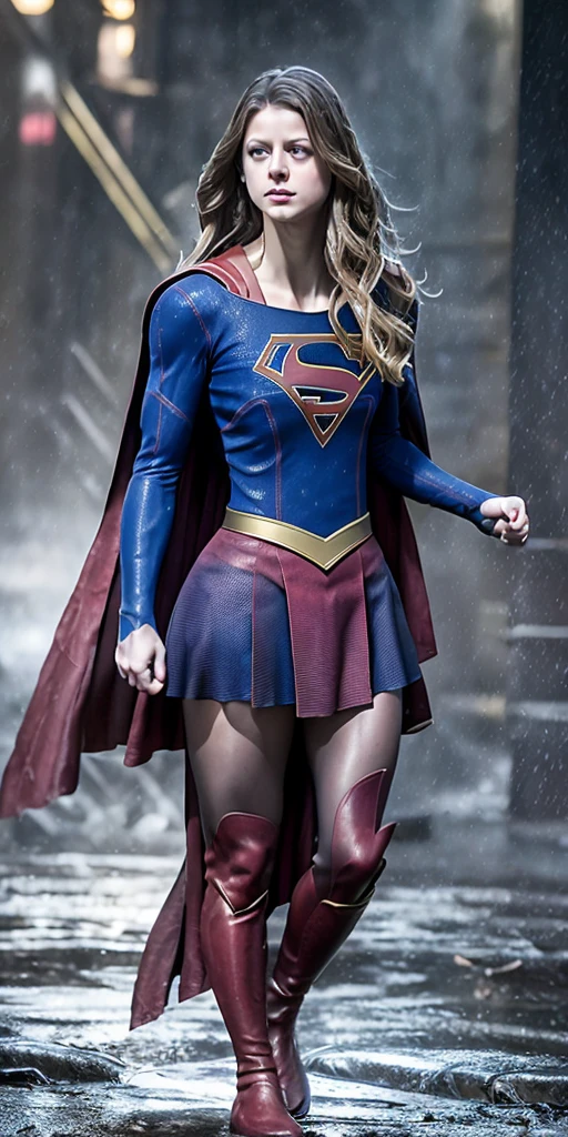 Best image quality, masterpiece, Ultra-high resolution, (Faithfulness :1.4), photograph, 1 girl,[(sorrow)],supergirl costume, 薄dark, dark, Desperate, Sympathize, Pathetic, Cinematic,Break,Breakdrop,(Torn costume:1.5), (Wet costume:1.4), Exposing shoulders,Real Rain,Wet Hair,.Melissa Benoist、Sink into the pool、Shortness of breath