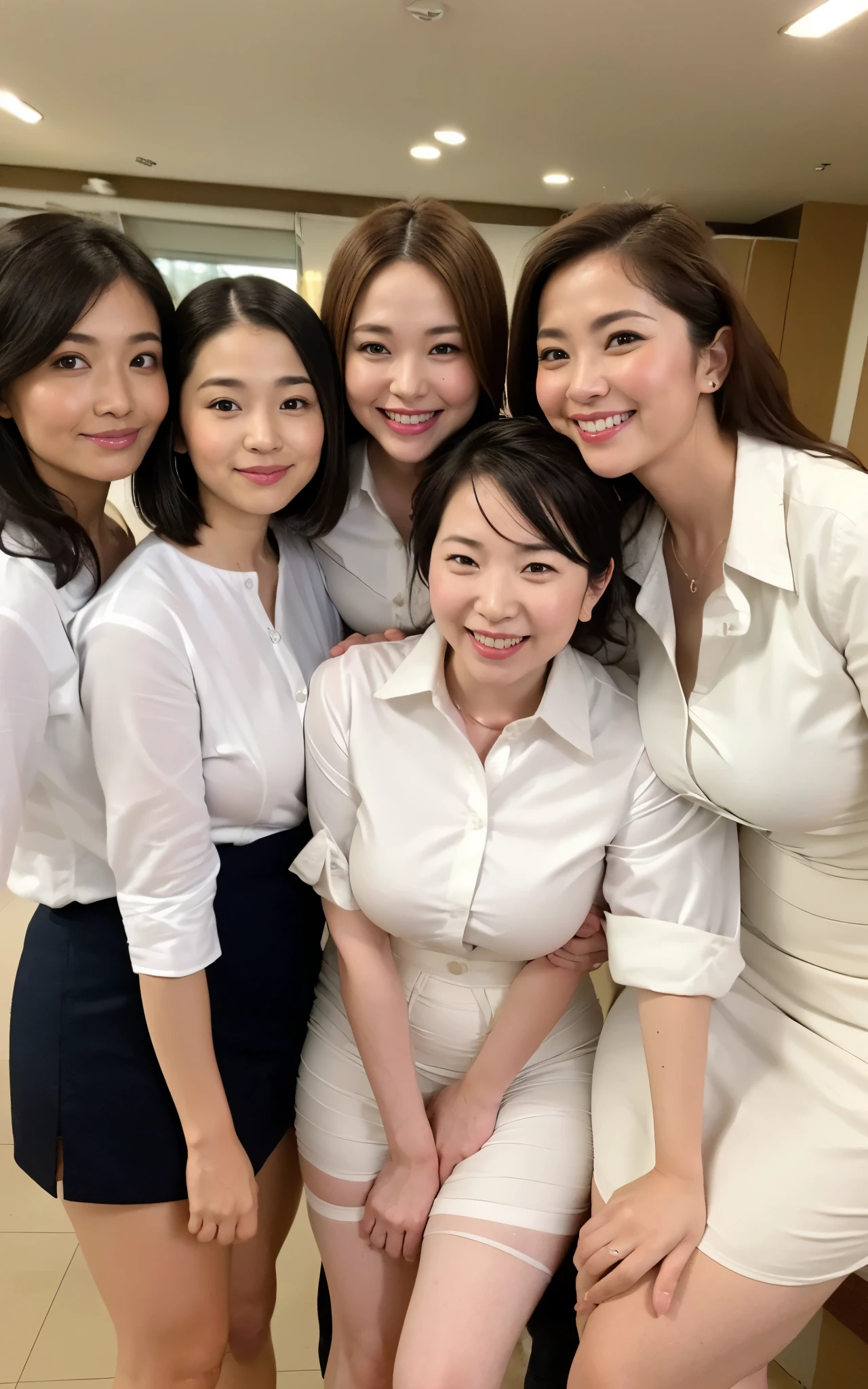 (((Japan's three most beautiful mothers take a group photo)))、Everyone has different types and hair styles, but they are beautiful.、((Everyone is obscene,The breasts are too big.))、different postures、All wearing white shirts、shirt,shirt,Deep V,Open the collar of your shirt,Full、room full of smell、((Everyone emphasizes their big breasts))、Living room、Horizontal group photo from the past