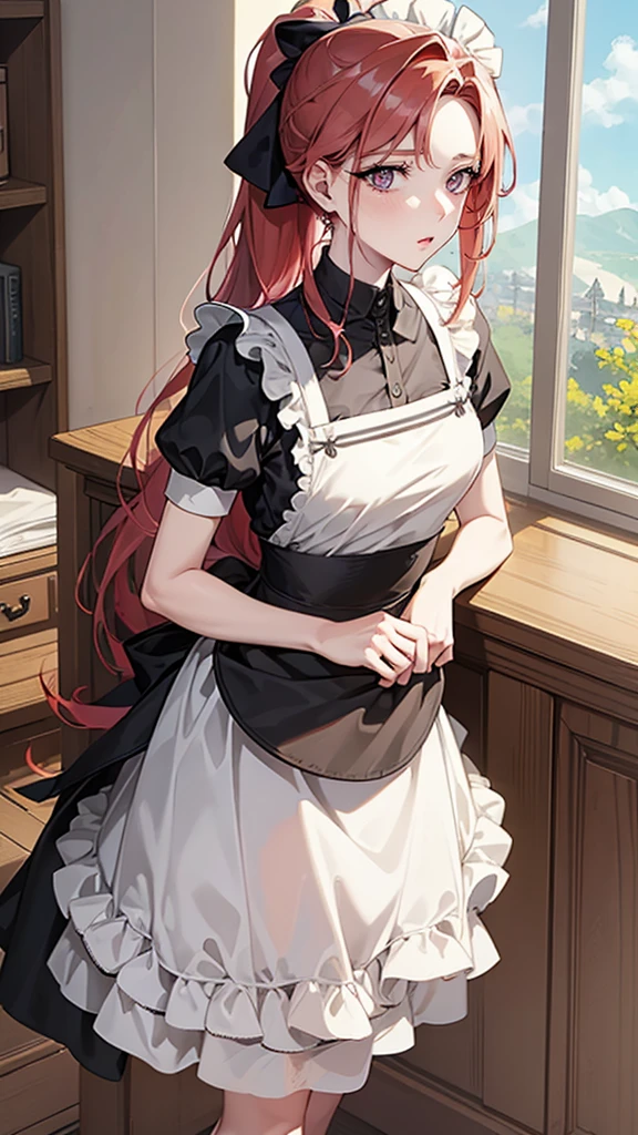 masterpiece,(best quality, illustration,Delicate face:1.3),(1 Girl,Solitary:1.3),Beautiful and delicate eyes,  apron, slope_background, slope, maid, Purple Eyes,red hair,Small Breasts,, rest, enmaided, White_apron, Black_skirt, Ponytail, Black_Footwear, Frilly_apron, skirt, maid_apron, Backup_hair,very long hair, _Ponytail, Halo 