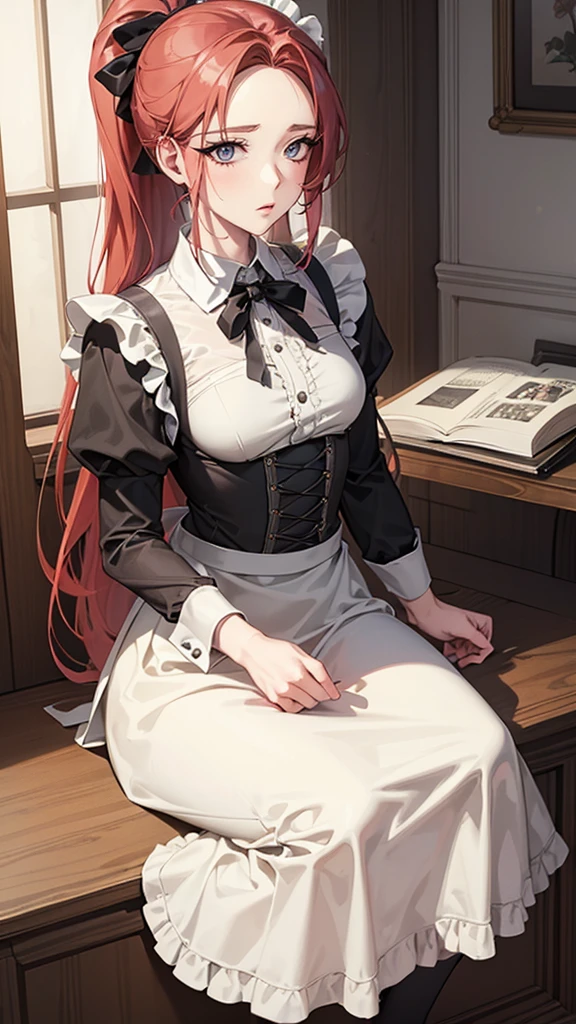 masterpiece,(best quality, illustration,Delicate face:1.3),(1 Girl,Solitary:1.3),Beautiful and delicate eyes,  apron, slope_background, slope, maid, Purple Eyes,red hair,Small Breasts,, rest, enmaided, White_apron, Black_skirt, Ponytail, Black_Footwear, Frilly_apron, skirt, maid_apron, Backup_hair,very long hair, _Ponytail, Halo 