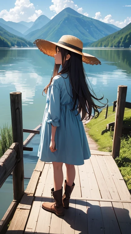 Straight long hair, Have、parasol, Light blue dress, Brown boots, Straw hat,Casual clothing, Relaxed pose, (((Standing on a wooden pier))), Side view, Outdoor natural scenery, Summer Sea, Sea and cumulonimbus clouds in the background, Clear blue sky and white clouds, Natural light, Light from above, Soft Shadows, Calm and relaxed atmosphere, Wide-angle shot, Deep writing depth, Well-balanced exposure